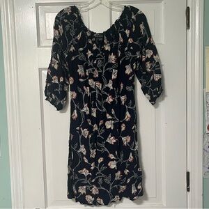 Lucky Brand Black pink Floral quarter Sleeve midi Dress